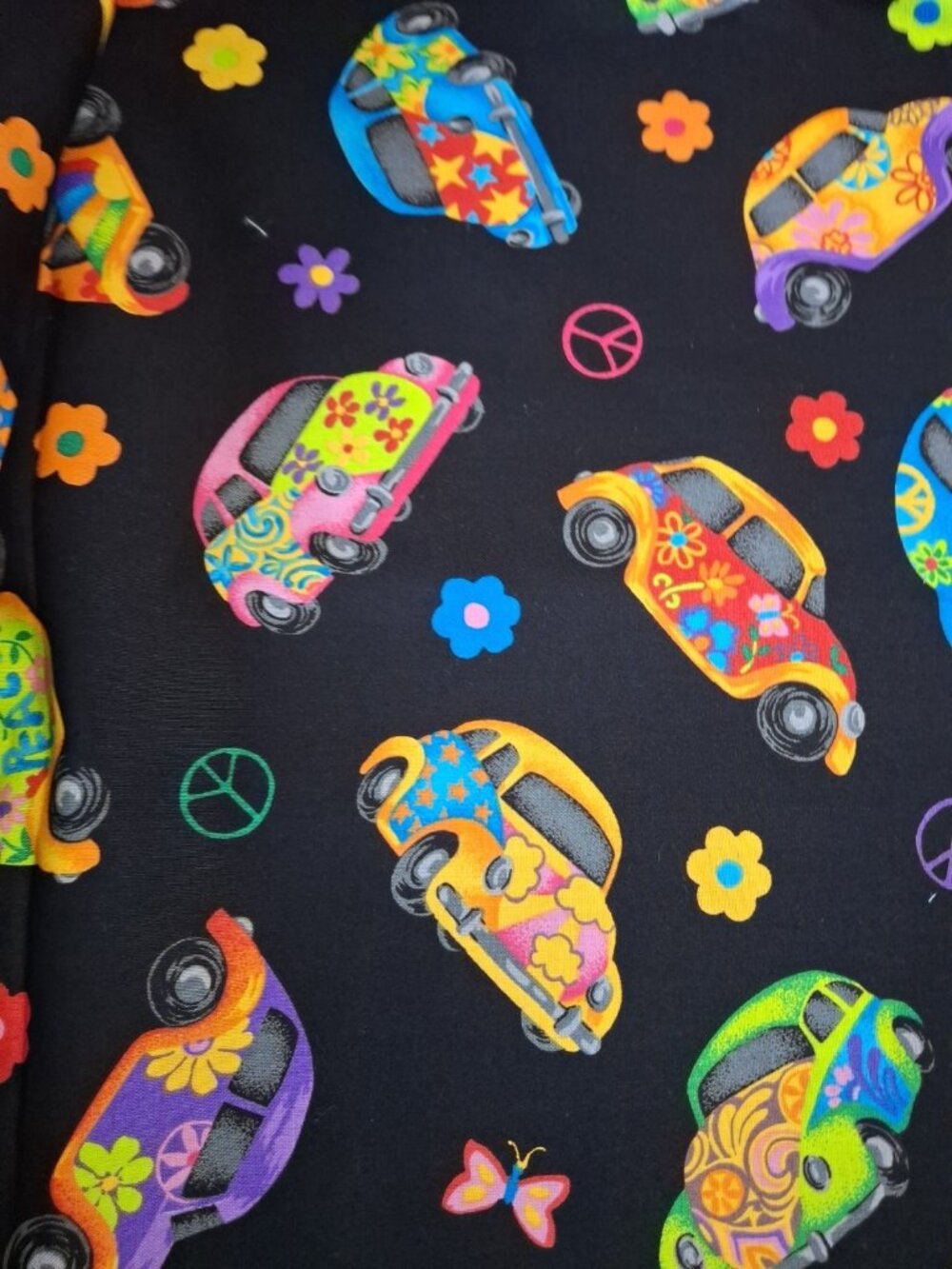 VIP Cranston Colorful Love Bugs Cars VW Beetles on Black -2.4 yards x 44
